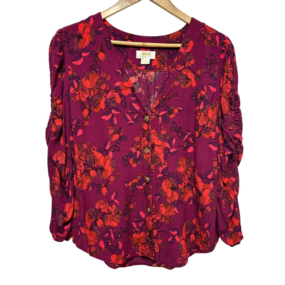 Maeve Anthropologie Fall Floral Blouse Womens Large Magenta Ruched Sleeve Top - Picture 3 of 11